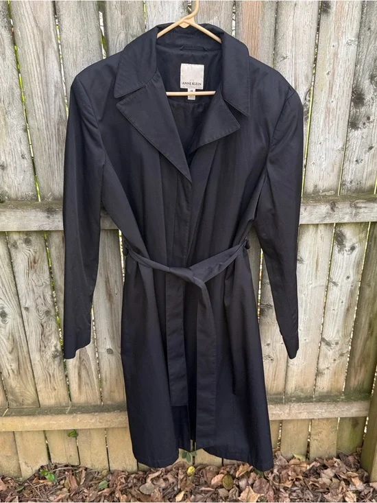 Anne Klein 2 Black Trench Coat cotton blend belted collar pockets academia 14 - Picture 1 of 11